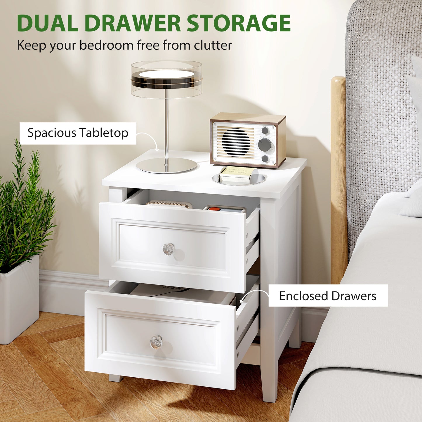 HOMCOM Nightstand With 2 Drawers Modern Bedside Table White MDF Frame Crystal Handles For Bedroom Living Room