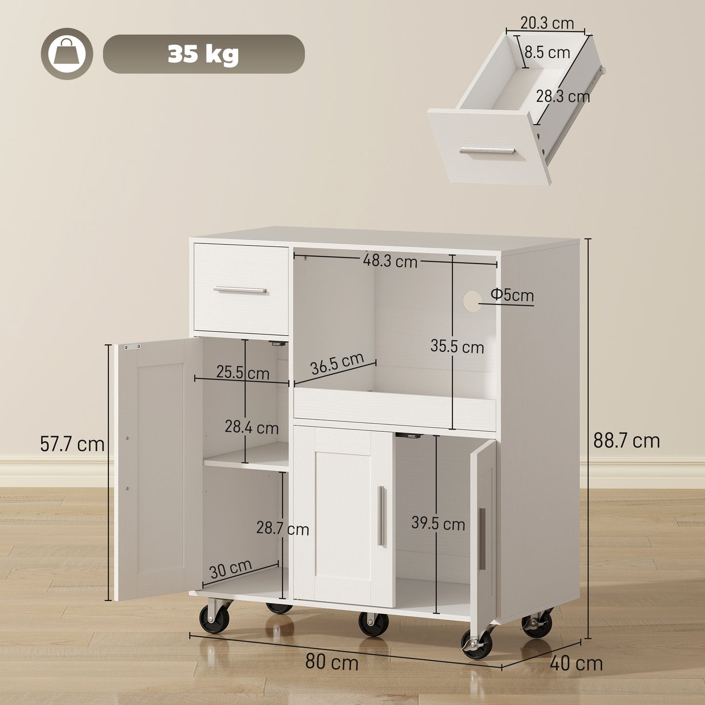 HOMCOM Rolling Kitchen Cart Microwave Cabinet With Sliding Tray Drawer And Three Door Cupboards White