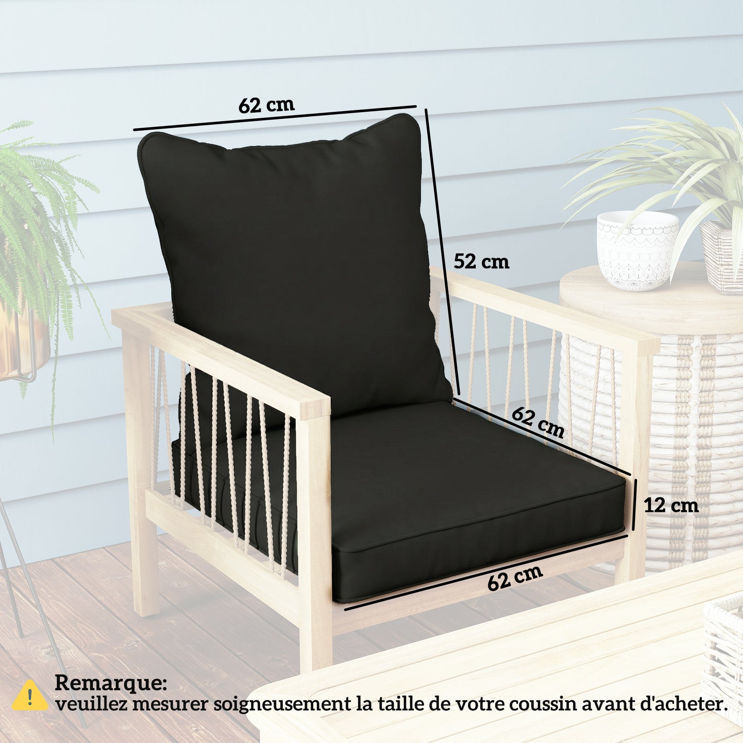 Outsunny Seat and Back Padded Cushion Set Two Cushions Black Outdoor Patio for Garden Furniture