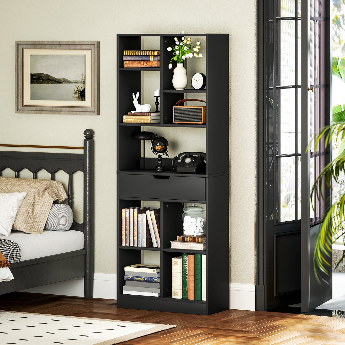 HOMCOM Tall Bookshelf With Drawer Freestanding Bookcase In Black For Bedroom Living Room And Home Office