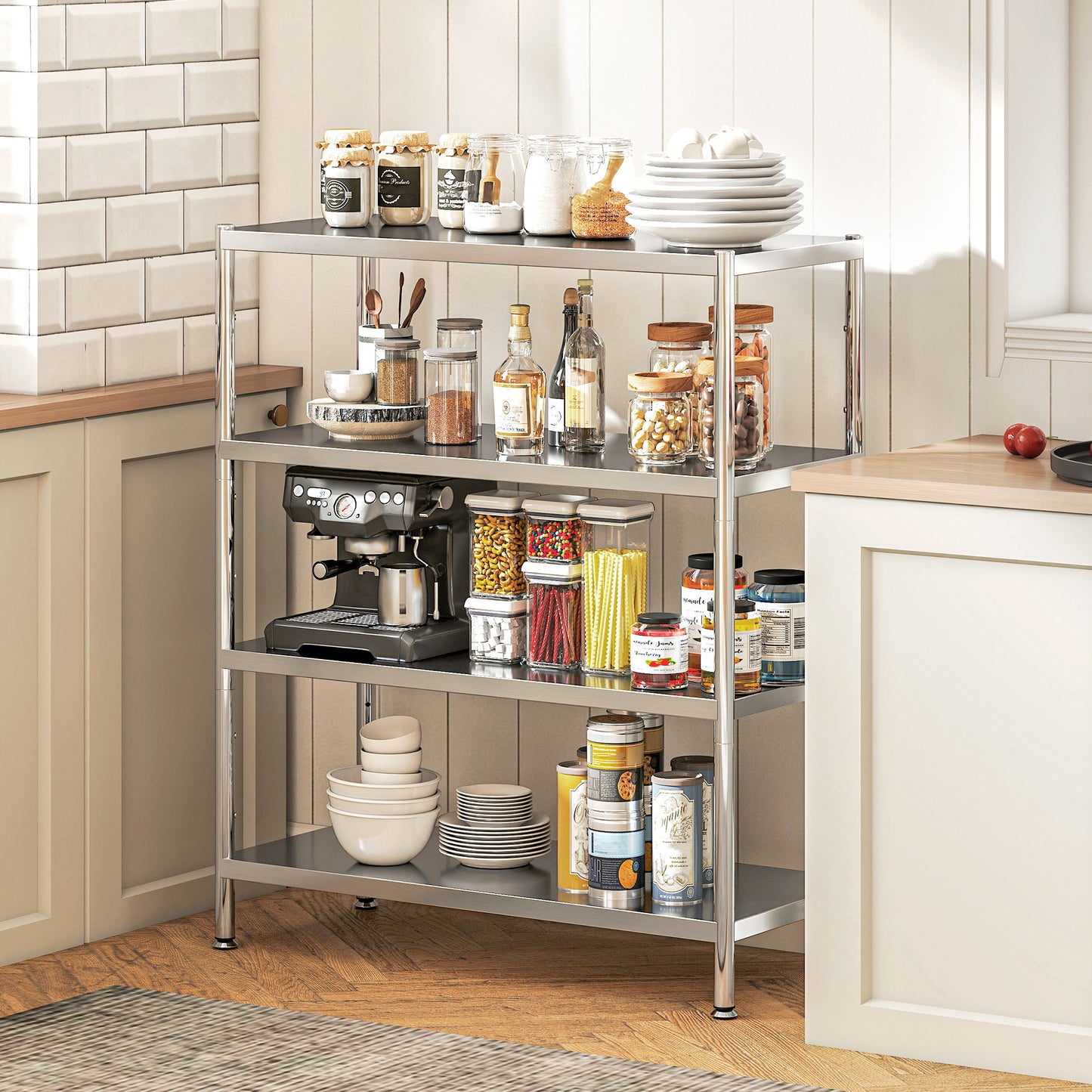 HOMCOM 4 Tier Stainless Steel Bakers Rack With Storage For Small Spaces And Microwave Stand Adjustable Shelves