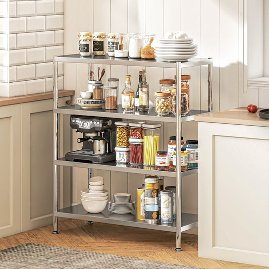 HOMCOM 4 Tier Stainless Steel Bakers Rack With Storage For Small Spaces And Microwave Stand Adjustable Shelves