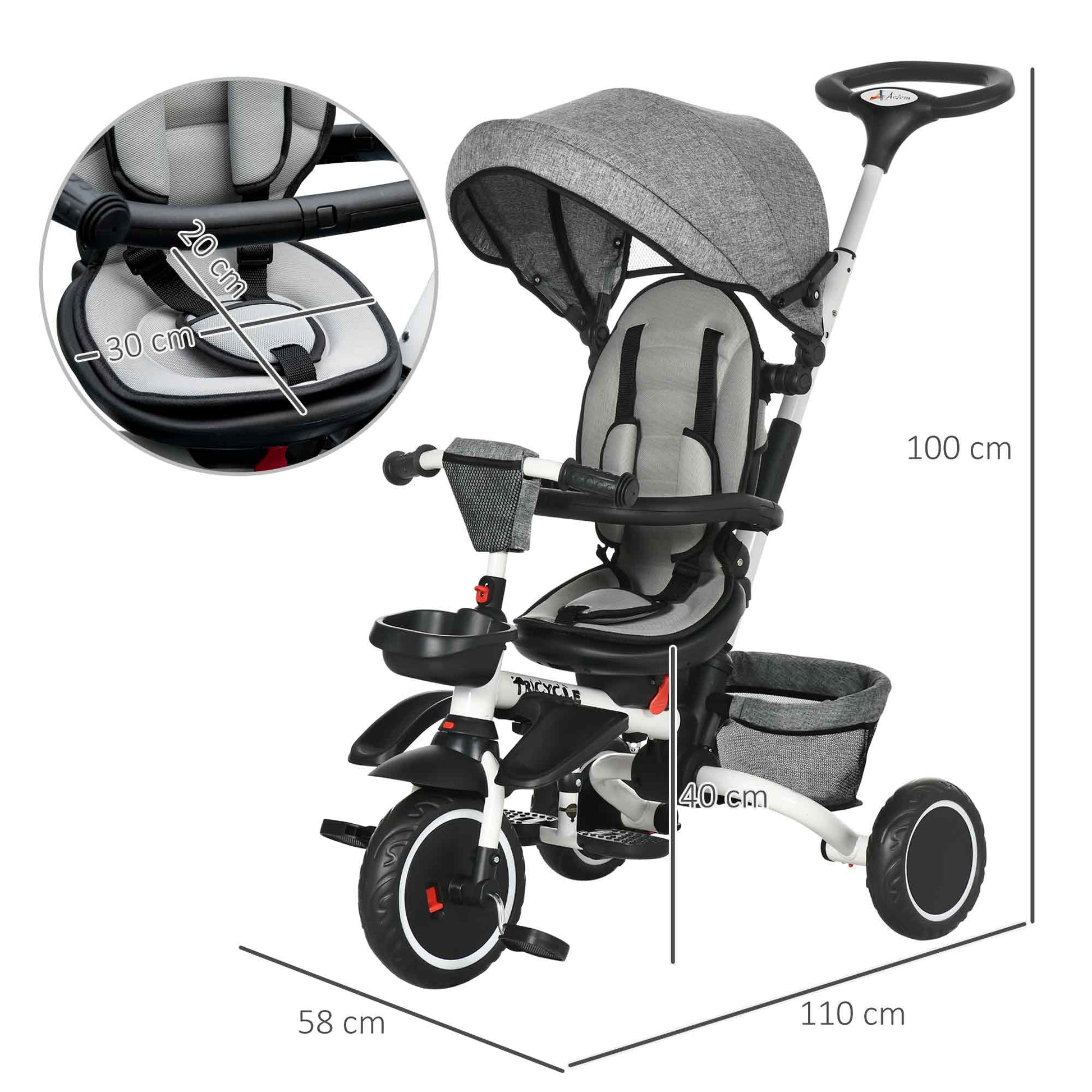 HOMCOM Versatile Toddler Tricycle with Rotating Seat and Adjustable Handle - Grey - ALL4U RETAILER LTD