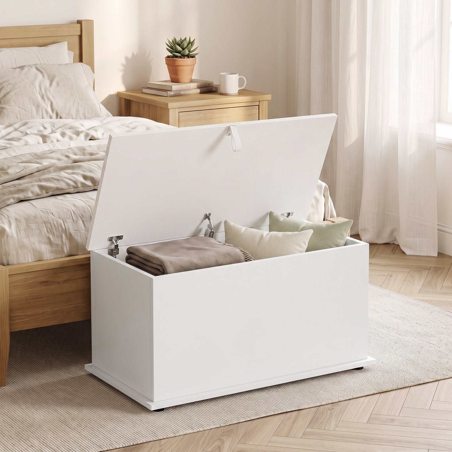 HOMCOM 102L Storage Chest Bench White Wooden Shoe Box With Safety Lid