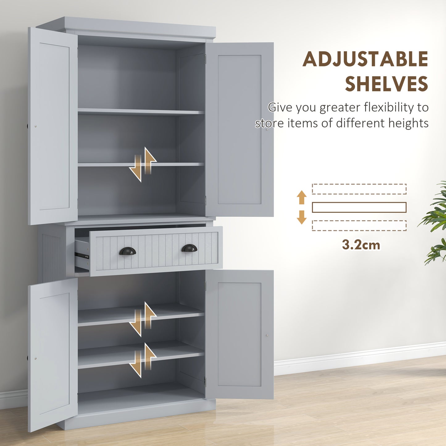 HOMCOM Multi Storage Mid Century Pantry Kitchen Cabinet Grey With 4 Doors And 3 Adjustable Shelves