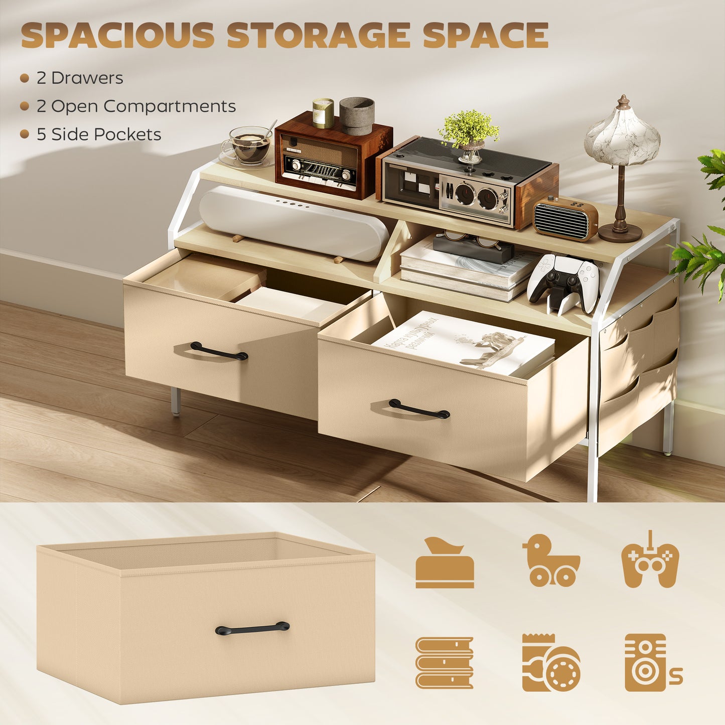 HOMCOM Industrial Style TV Stand Cabinet Natural Wood Finish With Two Drawers and Shelves and Side Pockets for 55in TV