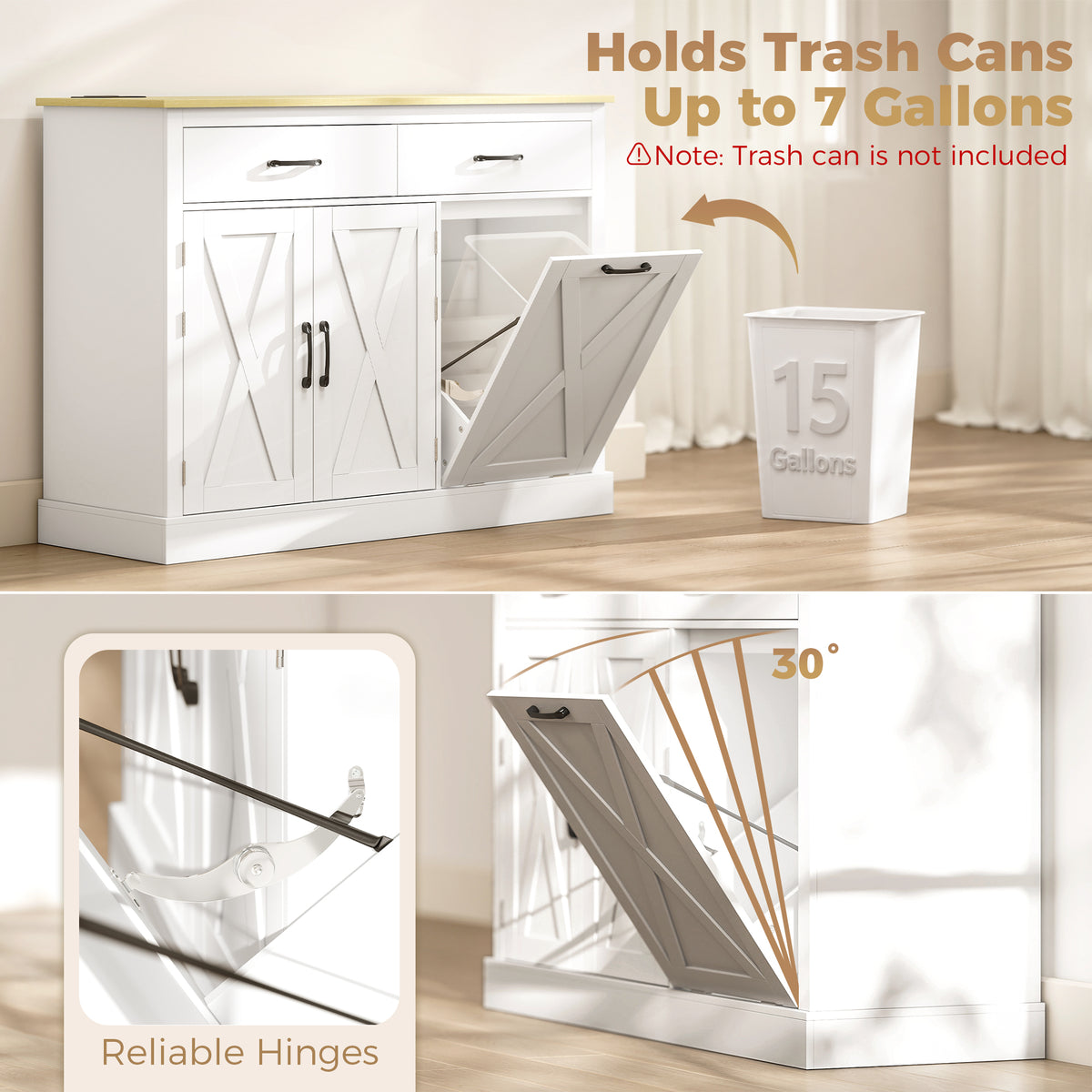 HOMCOM Tilt Out Trash Cabinet Kitchen Island with Charging Station and 57L Bin