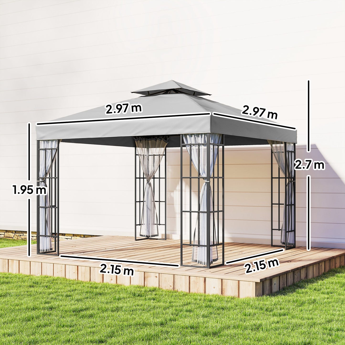 Outsunny 3x3m Patio Gazebo Canopy Garden Pavilion Tent Shelter With Mosquito Netting 2 Tier Roof Light Grey