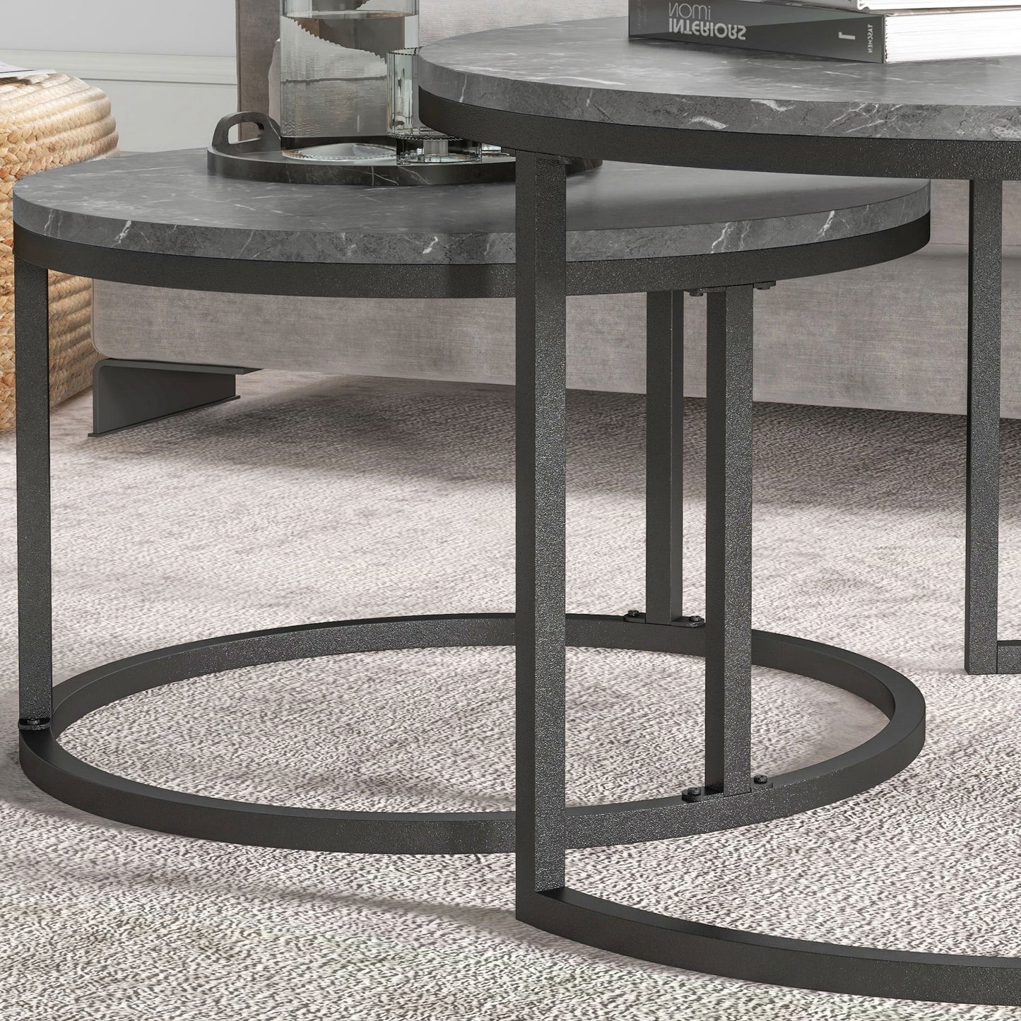 HOMCOM Set of 2 Round Industrial Nesting Coffee Tables with Faux Marble Tops and Sturdy Steel Frames - ALL4U RETAILER LTD