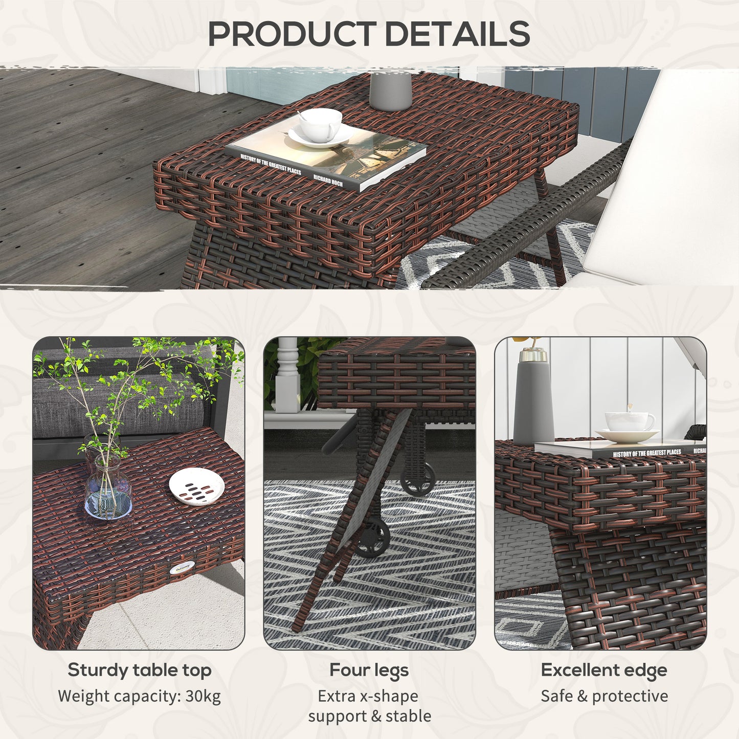 Outsunny Foldable Outdoor Side Table Rattan Garden Coffee Table With Steel Frame 60x41x41 cm Brown