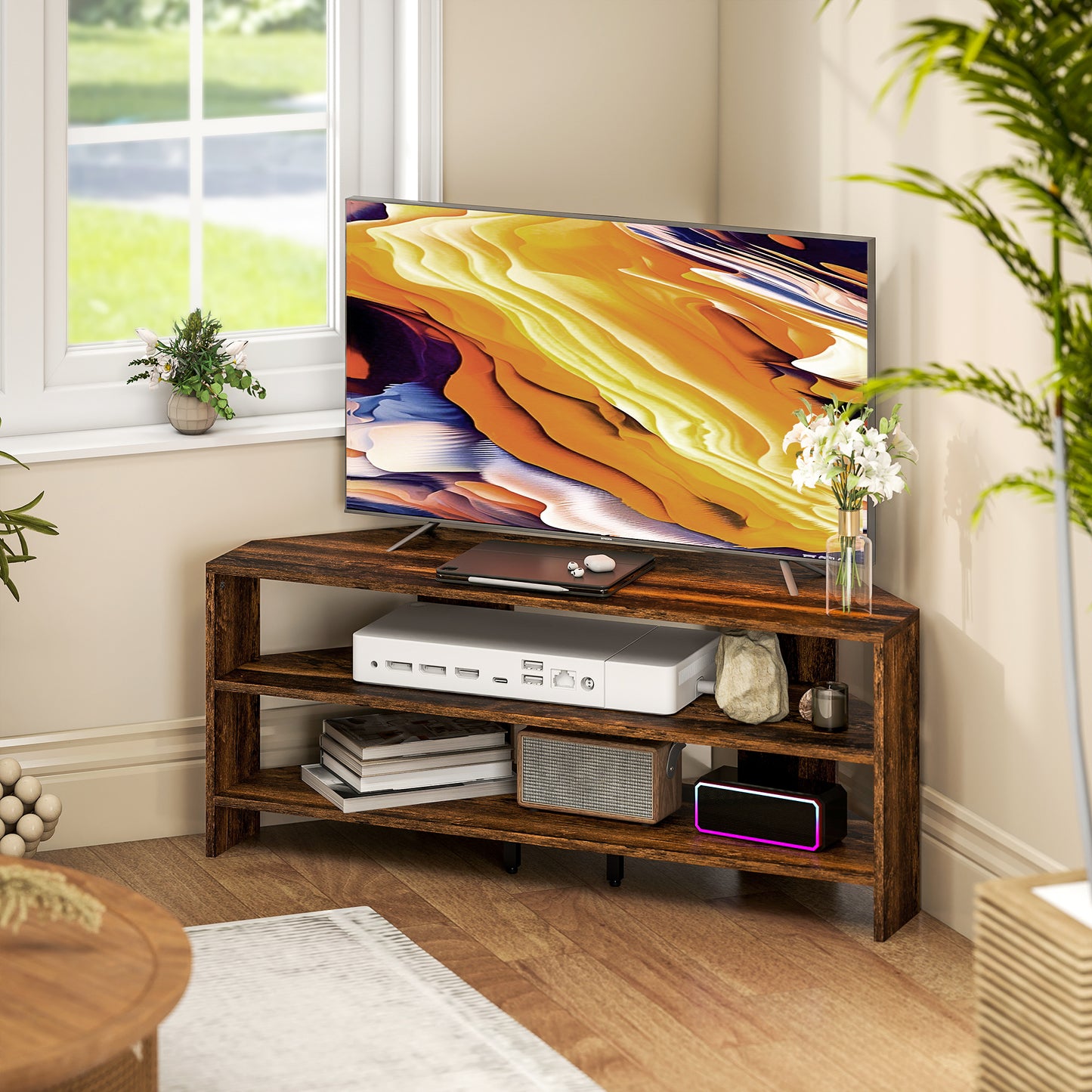 HOMCOM Corner TV Stand With Two Open Shelves For 47 Inch TV Rustic Brown Space Saving Design
