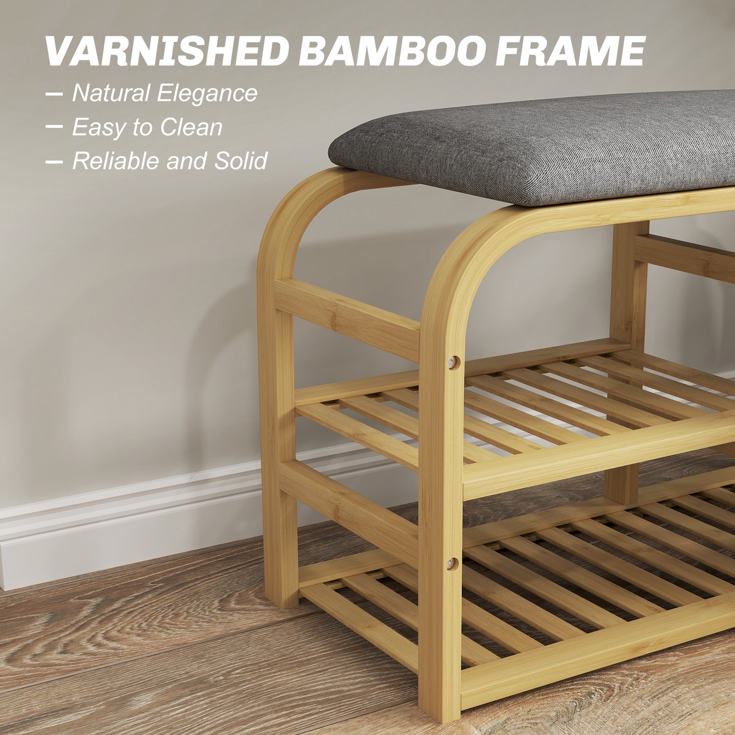 HOMCOM Bamboo Shoe Storage Bench With Cushioned Seat And Linen Fabric Upholstery Nature Wood Finish