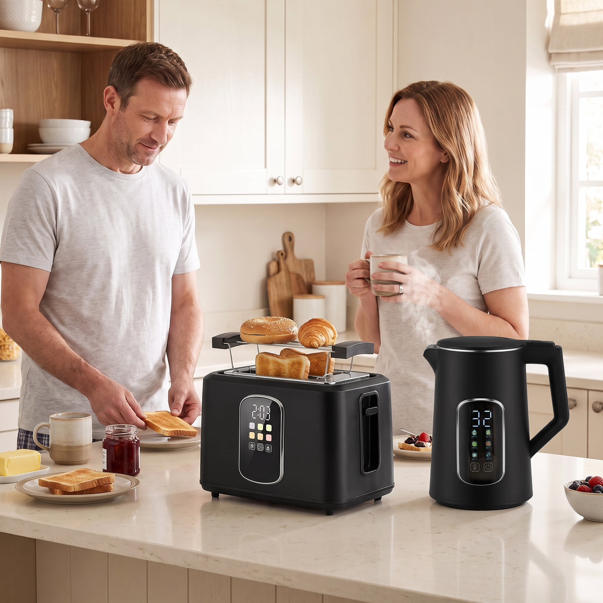HOMCOM Kettle And Toaster Set With LED Touch Screen, 6 Browning Levels, Black