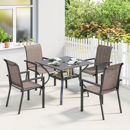 Outsunny 5 Piece Outdoor Dining Set For 4 With Garden Table And Stackable Chairs Breathable Mesh Seats Grey And Khaki