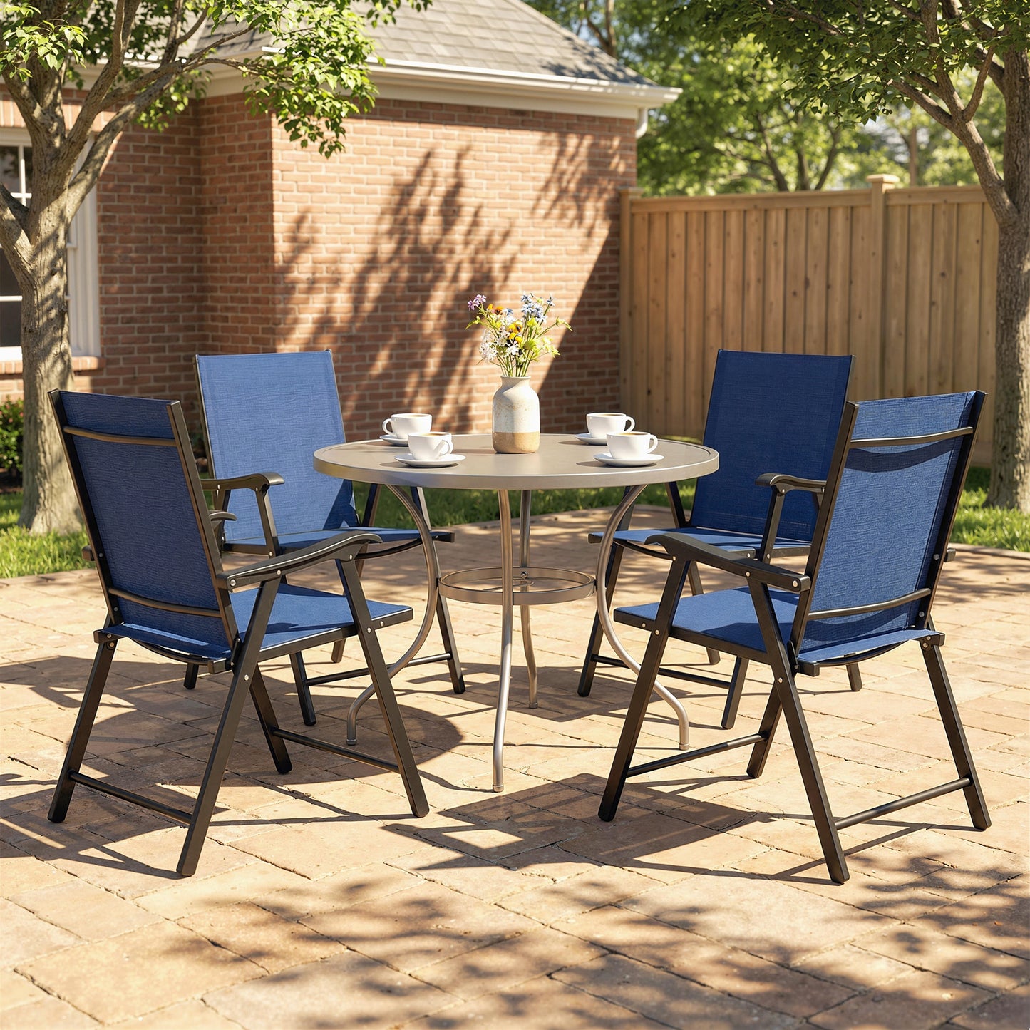 Outsunny Folding Garden Chairs Set of 4 Navy Blue High Back With Armrests Texteline Seat
