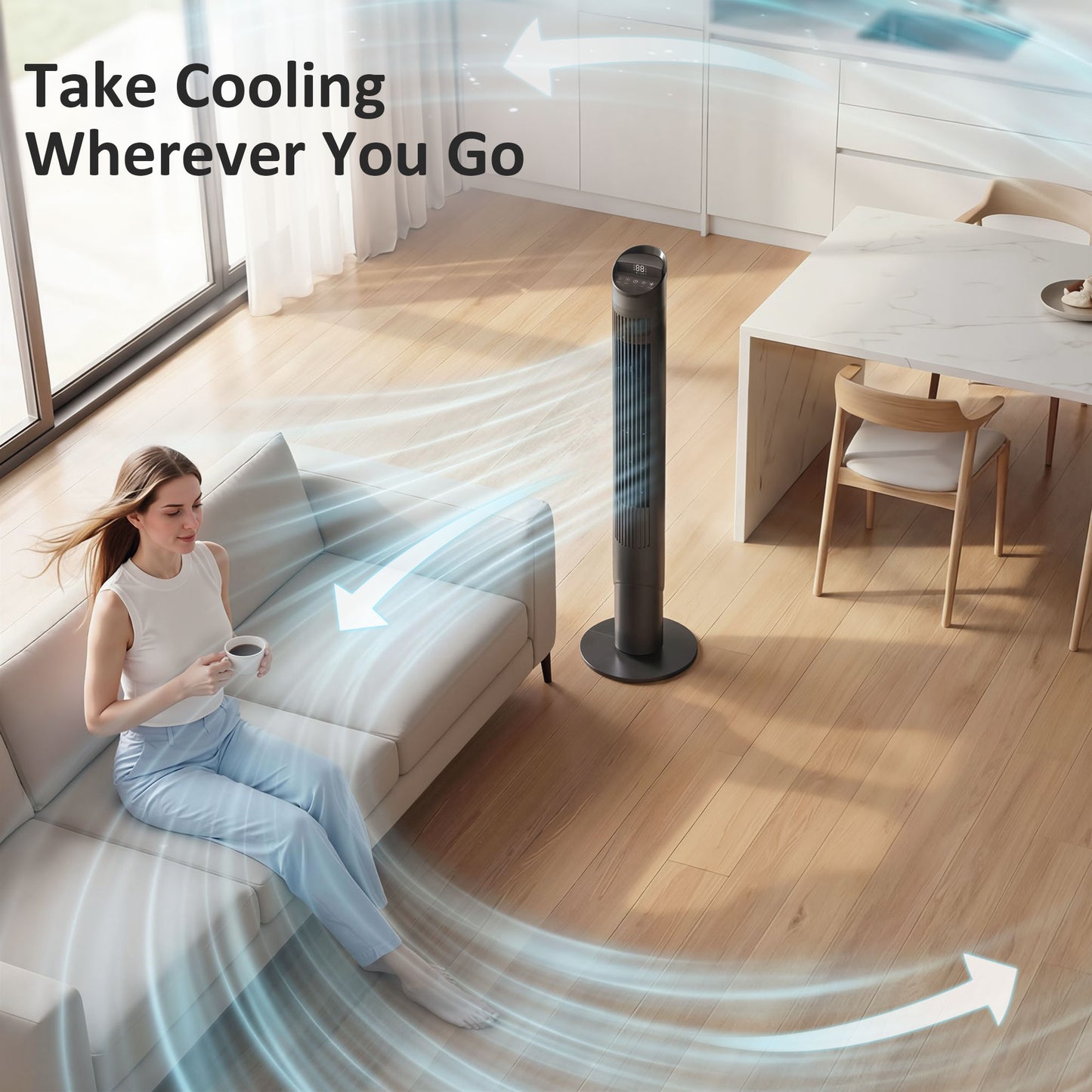 HOMCOM Tower Fan With WiFi App Control Remote Control 101.8 cm Standing Floor Cooling Fan Black