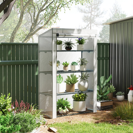 Outsunny Four Tier Mini Greenhouse Grey White with 140 g per m2 Plastic Cover and Roll Up Zipped Door