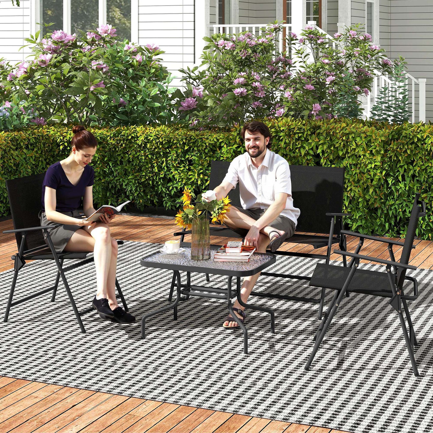 Outsunny Four Piece Outdoor Metal Garden Sofa Set With Tempered Glass Coffee Table Black