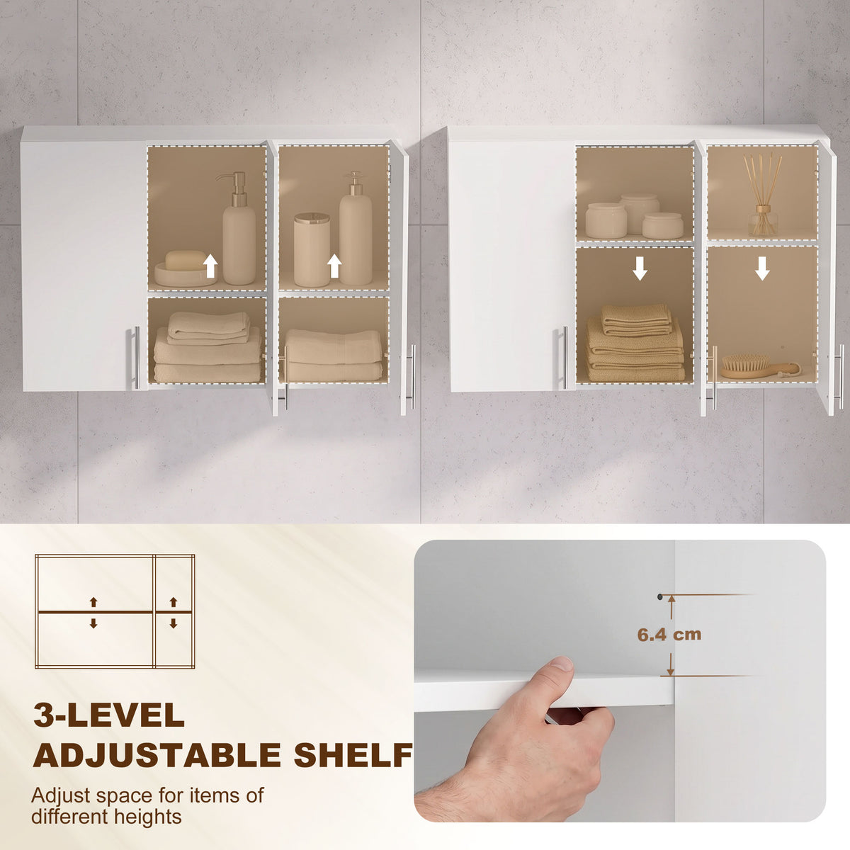 White bathroom wall cabinet with open doors and multiple adjustable shelf levels
