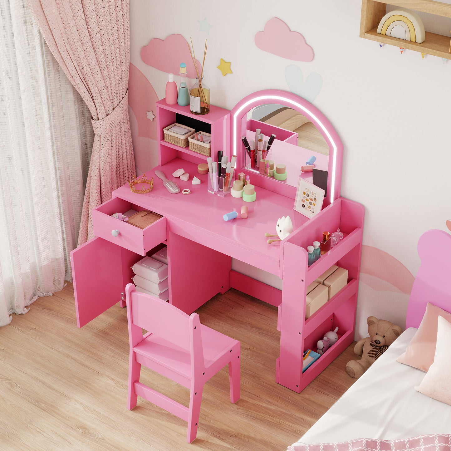 AIYAPLAY Kids Vanity Table and Chair Set with LED Mirror Pink and Storage Includes Stool Cabinet Drawer Shelves