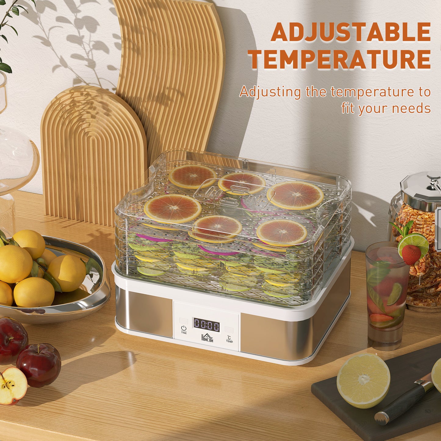 HOMCOM Stainless Steel 5-Tier Food Dehydrator with Adjustable Temperature & Timer - 245W Machine - ALL4U RETAILER LTD