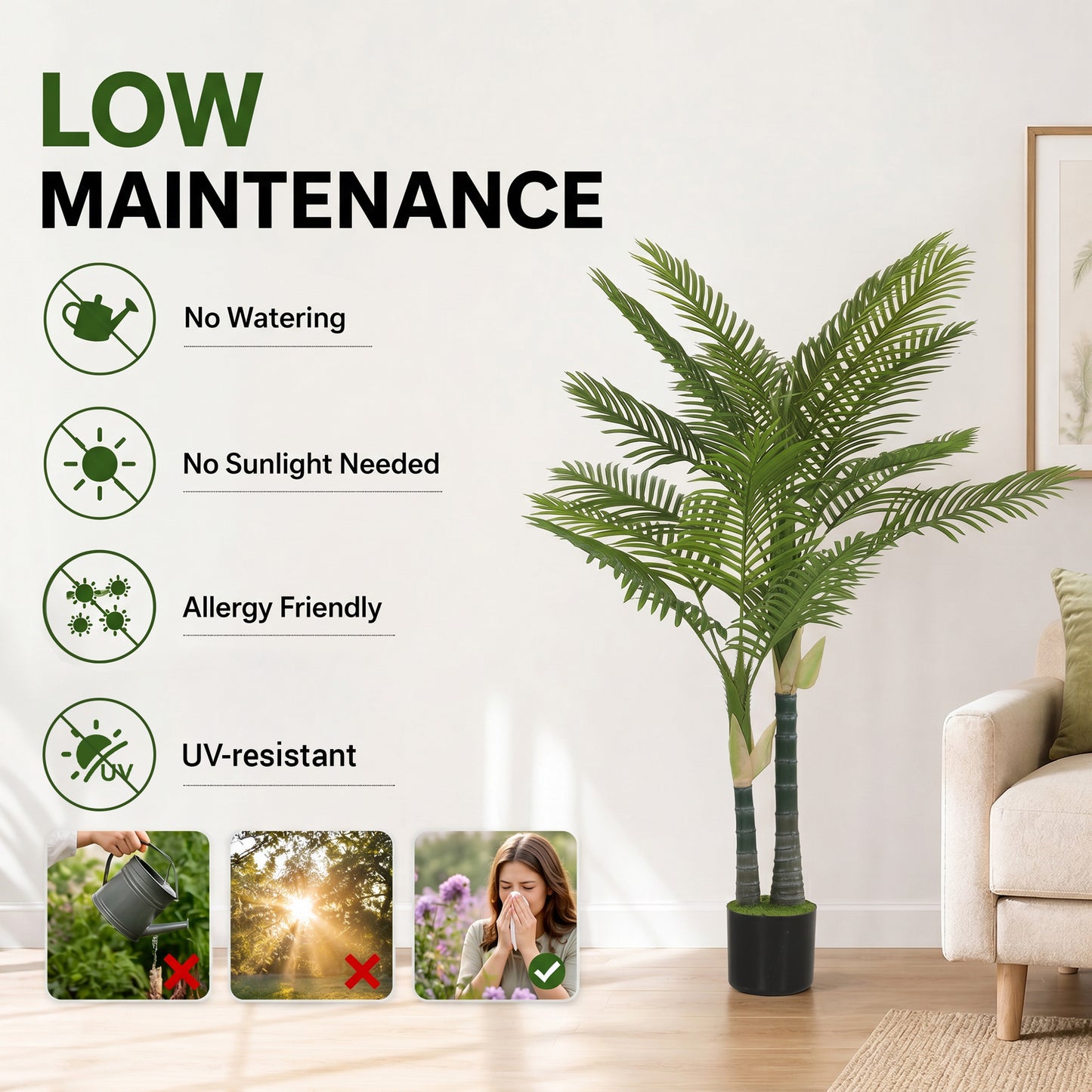HOMCOM 150cm Artificial Palm Tree With 16 PEVA Leaves, Potted Faux Plant With Moss Base For Living Room Decor Green