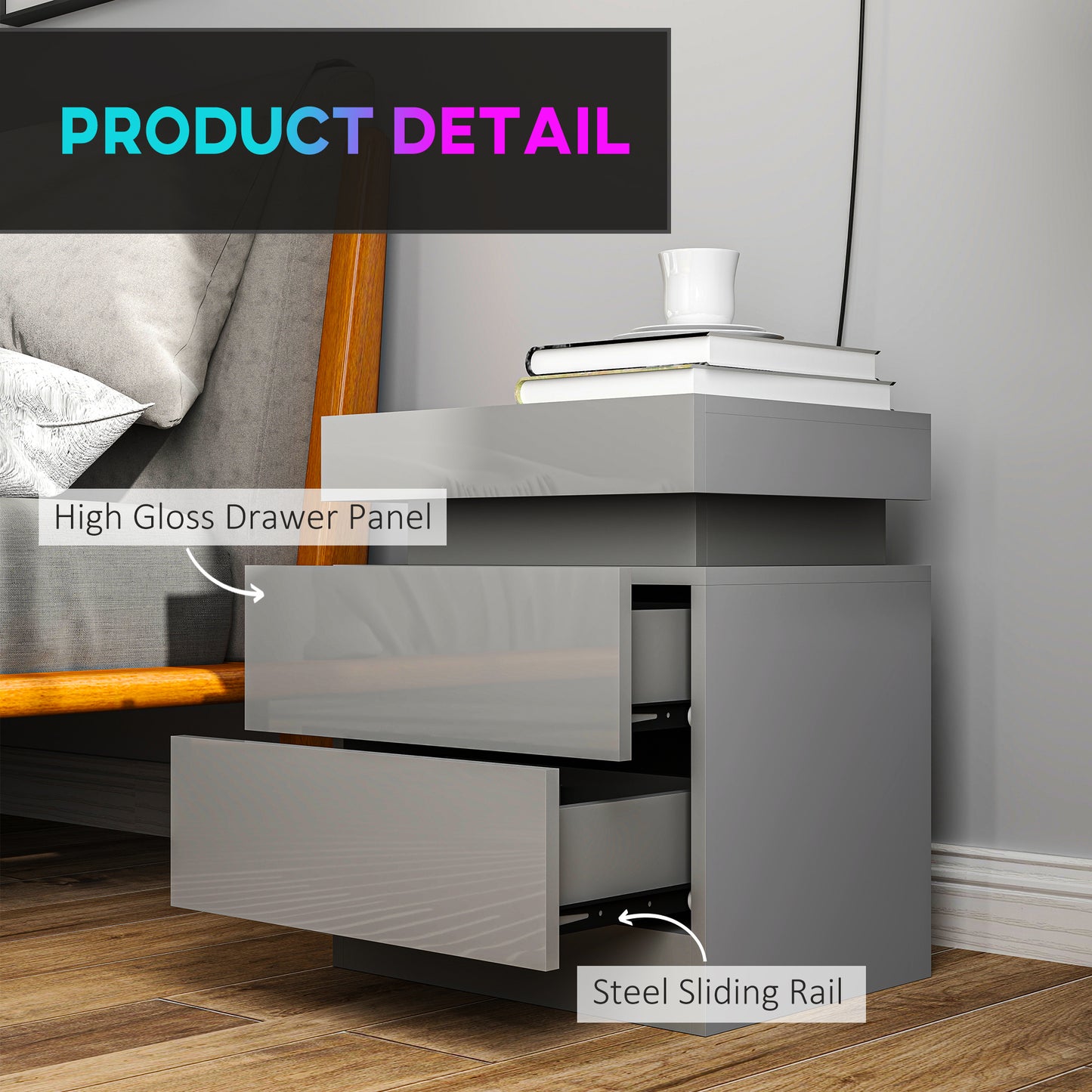 HOMCOM Grey Bedside Table With LED Light Panel And Bluetooth Music Sync High Gloss Front Nightstand With 2 Drawers