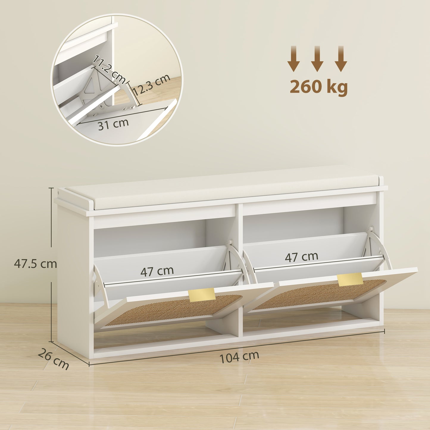 HOMCOM Boho Shoe Bench With Padded Seat And Two Flip Drawers White Entryway Organizer