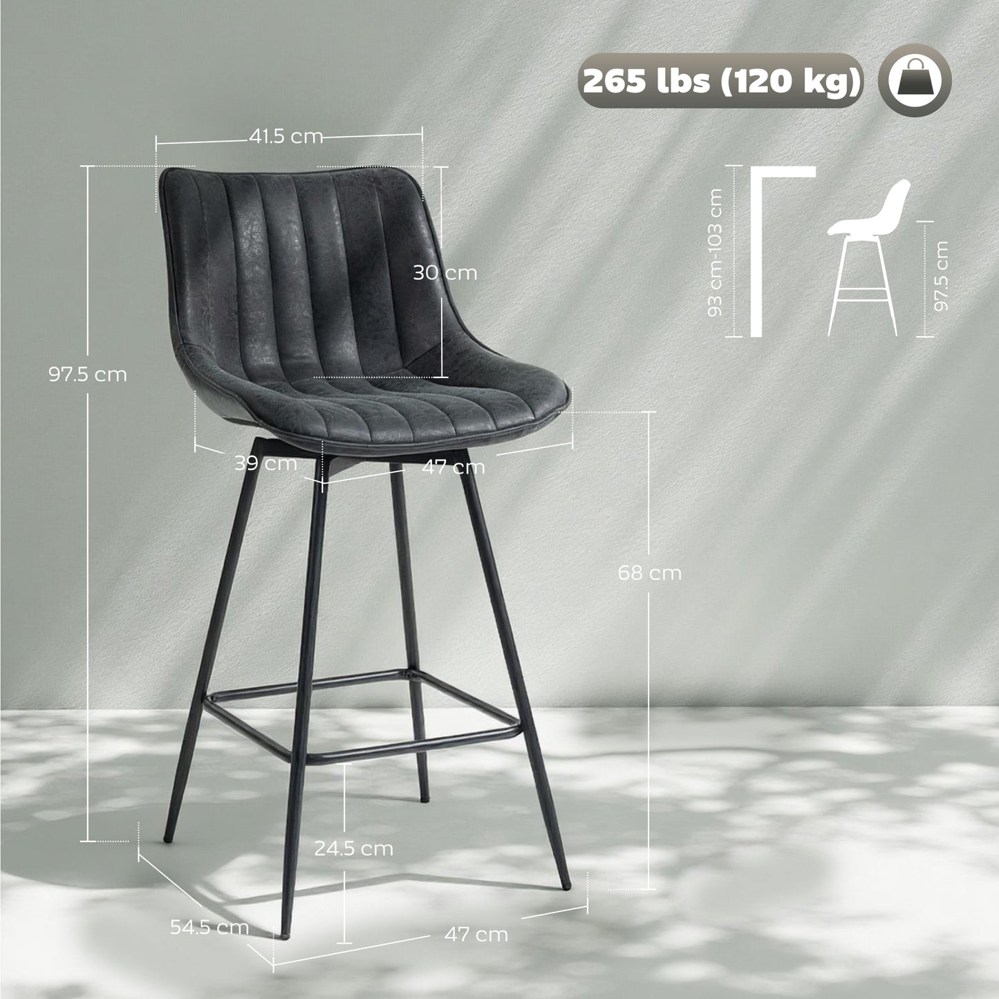 HOMCOM Set of 2 PU Leather Swivel Bar Stools Black 360 Degree Swivel Modern Pub Chairs