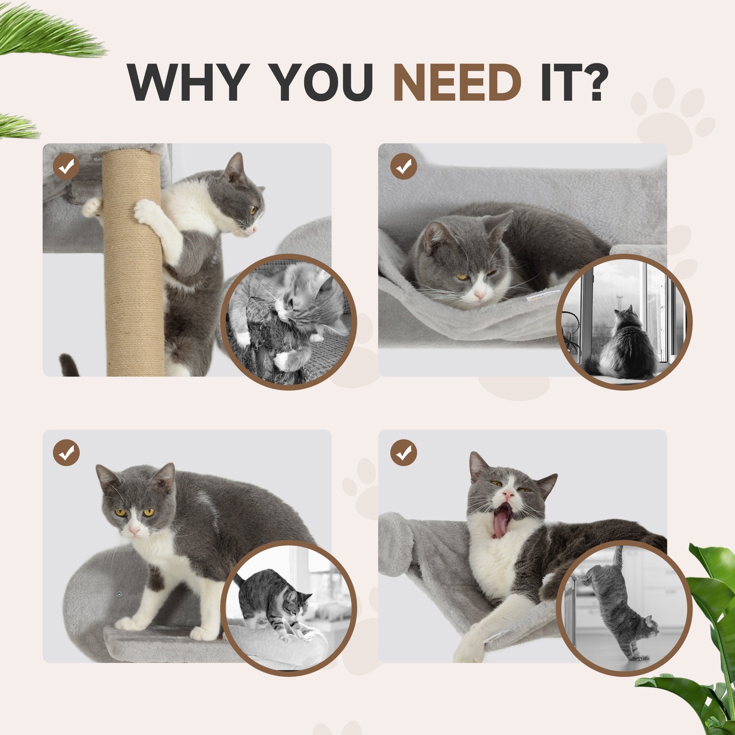 PawHut Indoor Cat Wall Shelf Set with Scratching Post, Steps, Jump Platform, and Toy Balls - Light Grey