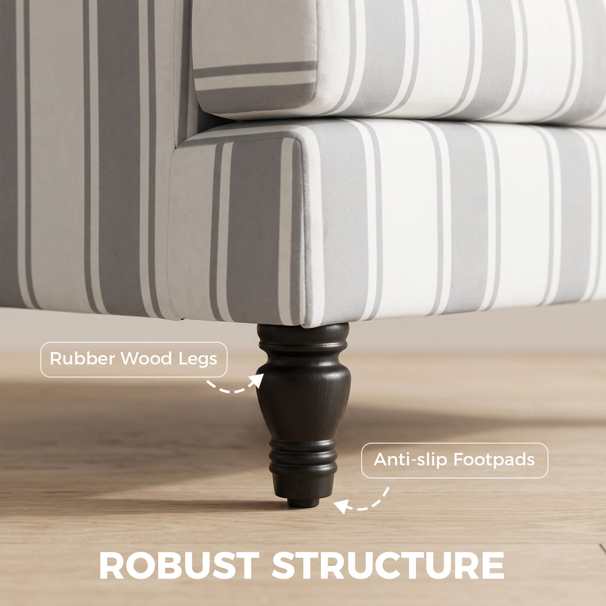 Grey striped velvet armchair with dark turned legs and anti-slip foot pads