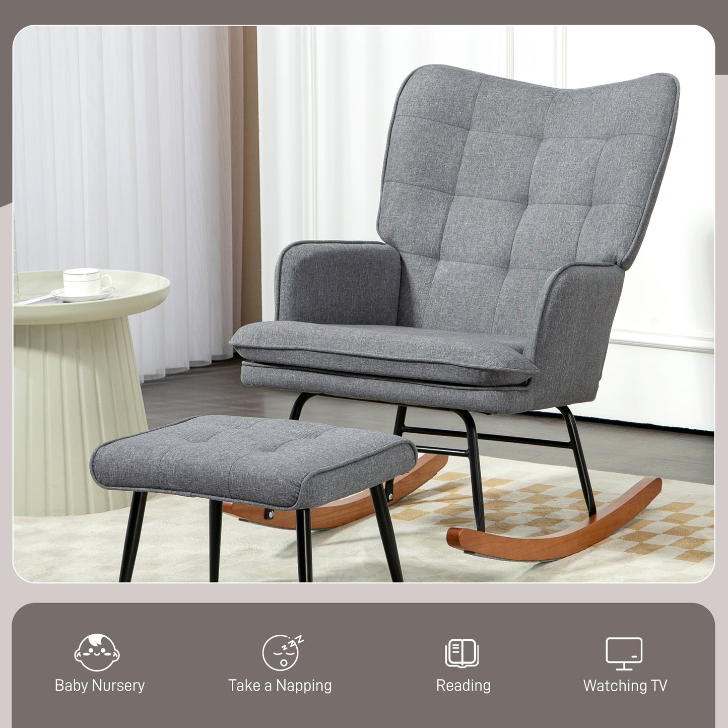 HOMCOM Linen Look Rocking Chair And Ottoman Set Grey With Padded Upholstery And Wooden Rocking Base