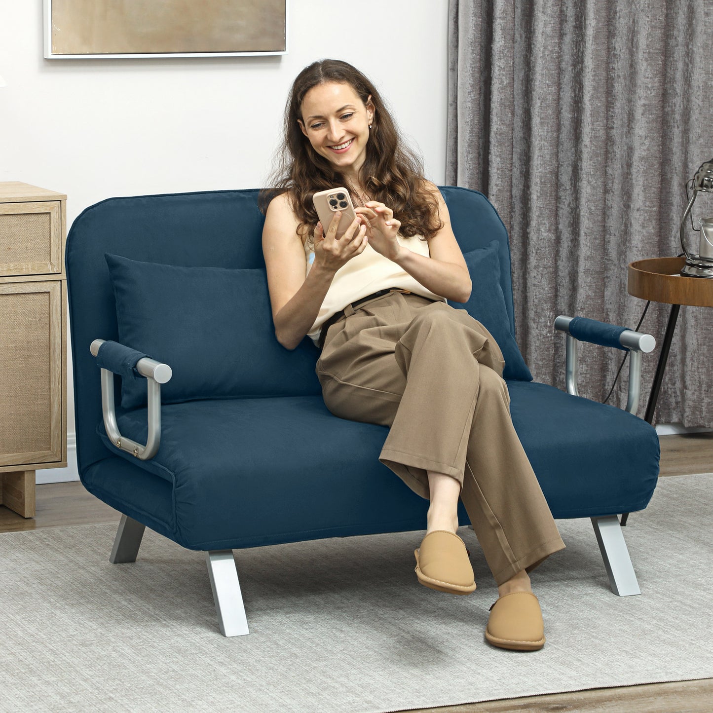 HOMCOM Two Seater Click Clack Sofa Bed Navy Blue With Adjustable Back And Faux Suede Upholstery