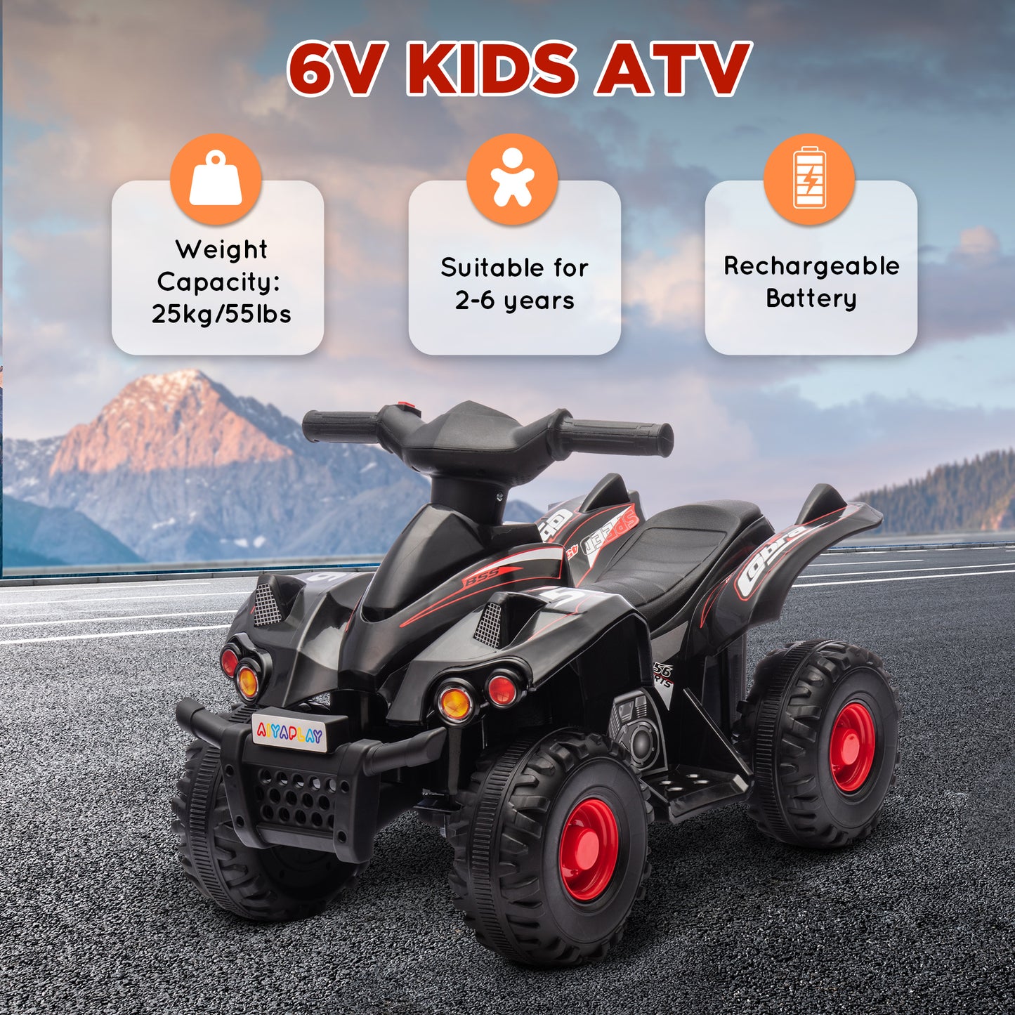 AIYAPLAY 6V Kids Electric ATV with Music and Forward Function, Ideal for Ages 2-6, Black