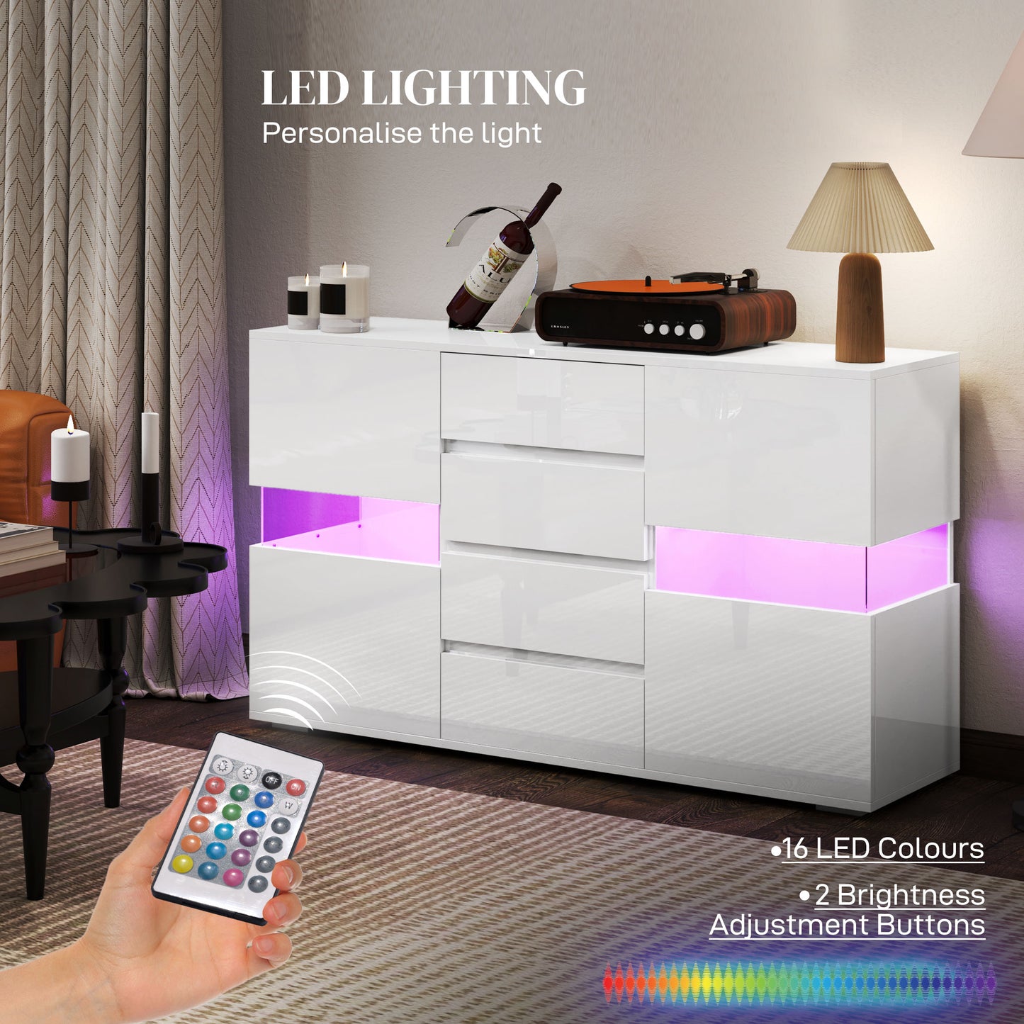 HOMCOM LED Light Sideboard High Gloss White With Four Drawers Two Side Cupboards Remote Control Color Changing Lighting