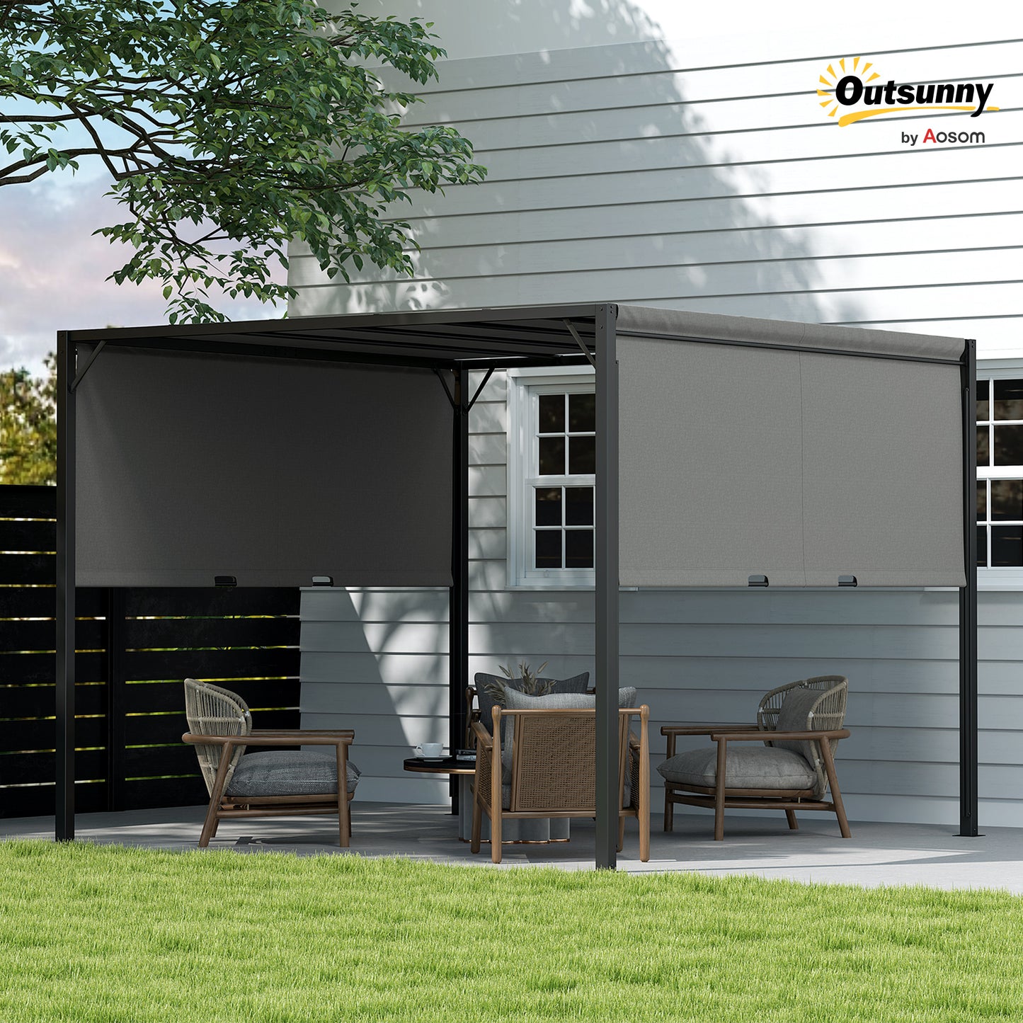 Outsunny 3x3m Pergola With Sliding Roof Garden Gazebo Steel Frame Charcoal Grey Canopy