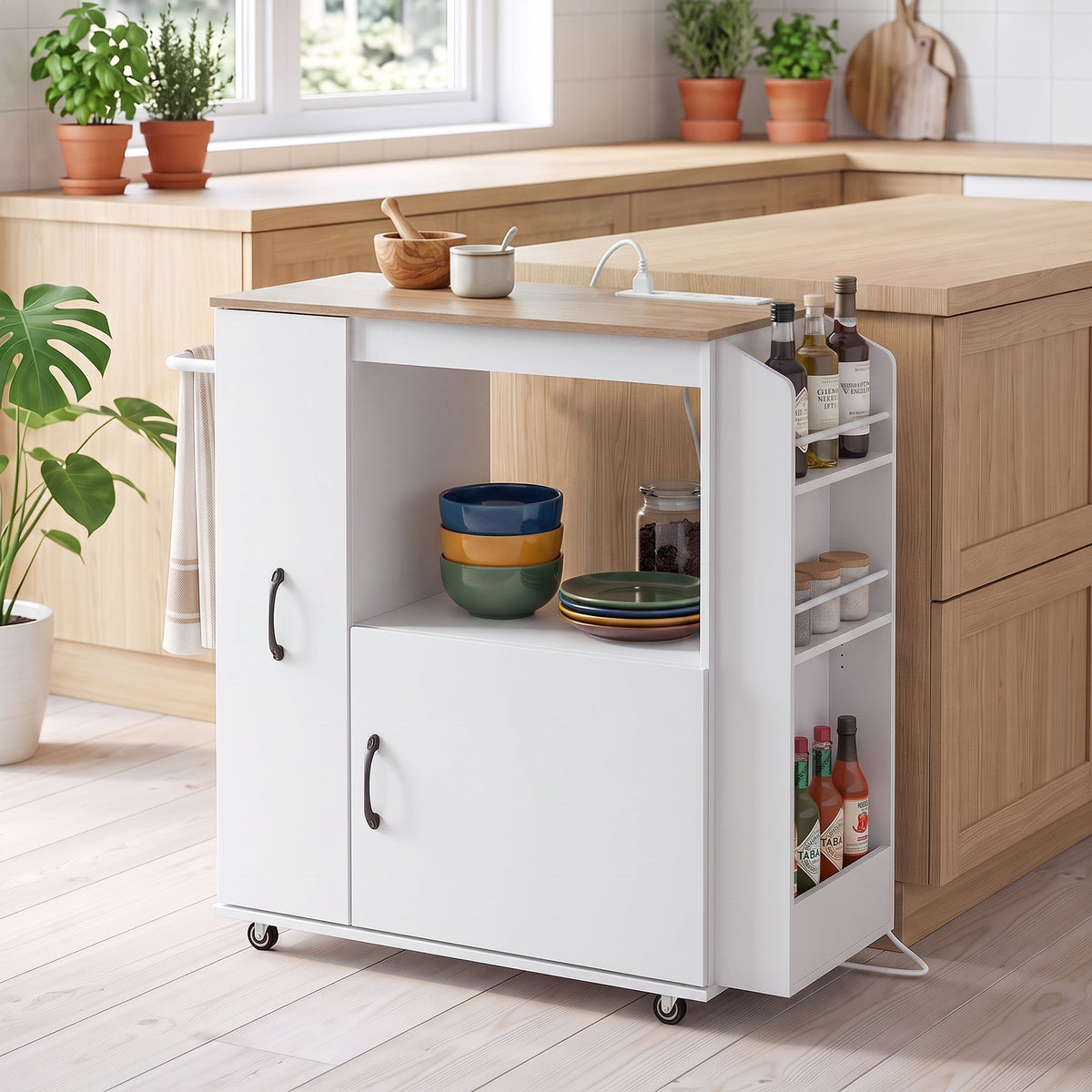HOMCOM Rolling Kitchen Island Cart With Power Outlet And Pull Out Drawer