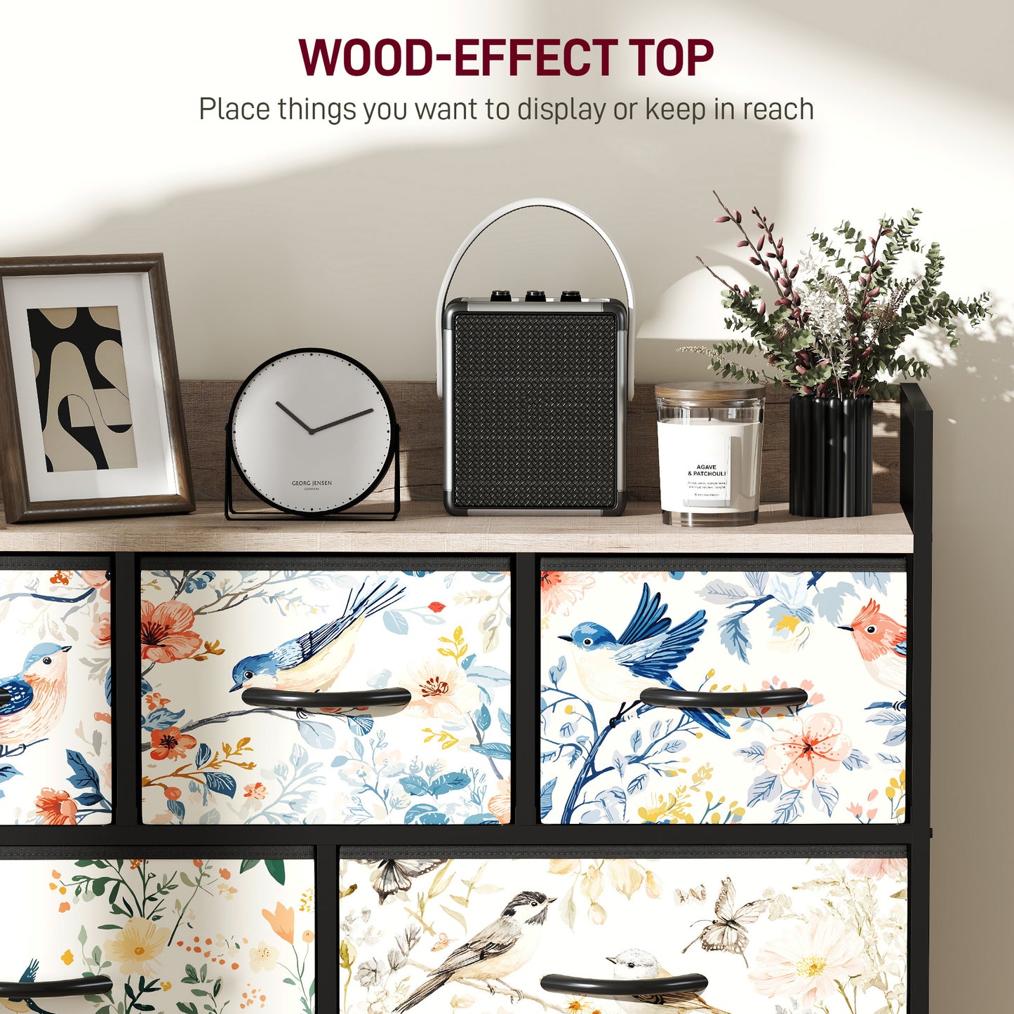 HOMCOM Seven Drawer Fabric Chest Of Drawers In White With Patterned Panels For Bedroom Organization