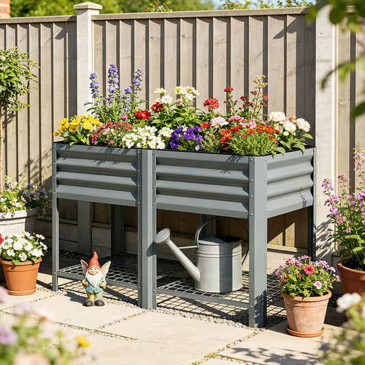 Outsunny Raised Garden Bed With Storage Shelf Steel Elevated Planter Box On Legs For Outdoor Vegetables And Flowers