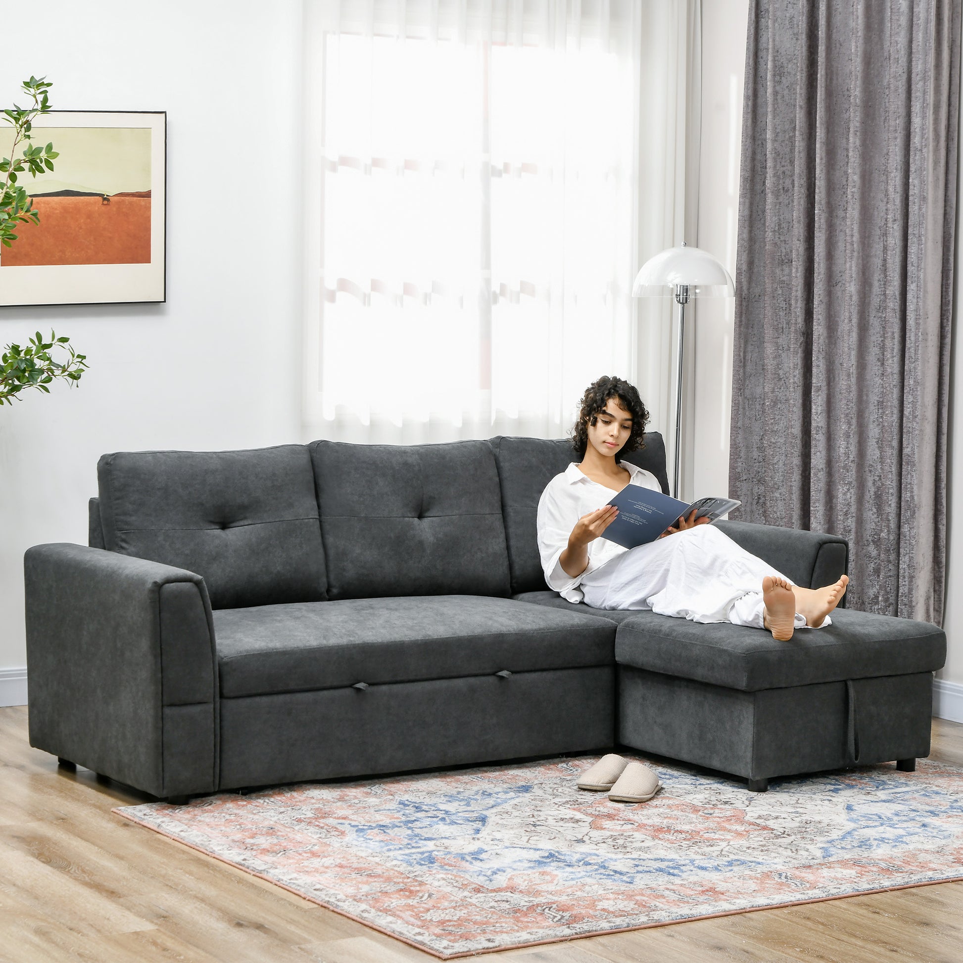 HOMCOM Dark Grey L-Shaped Convertible Sofa Bed with Storage and Recliner Function - ALL4U RETAILER LTD