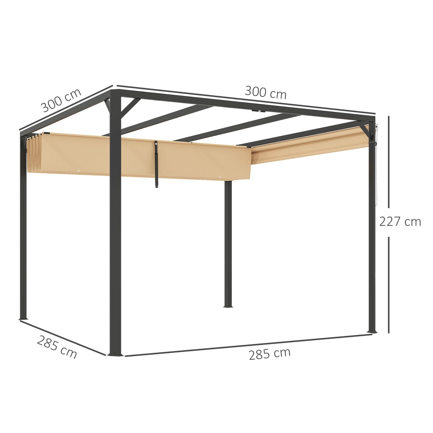 Outsunny 3 x 3m Aluminium Pergola With Retractable Roof And Side Panel Khaki Outdoor Shelter For Garden