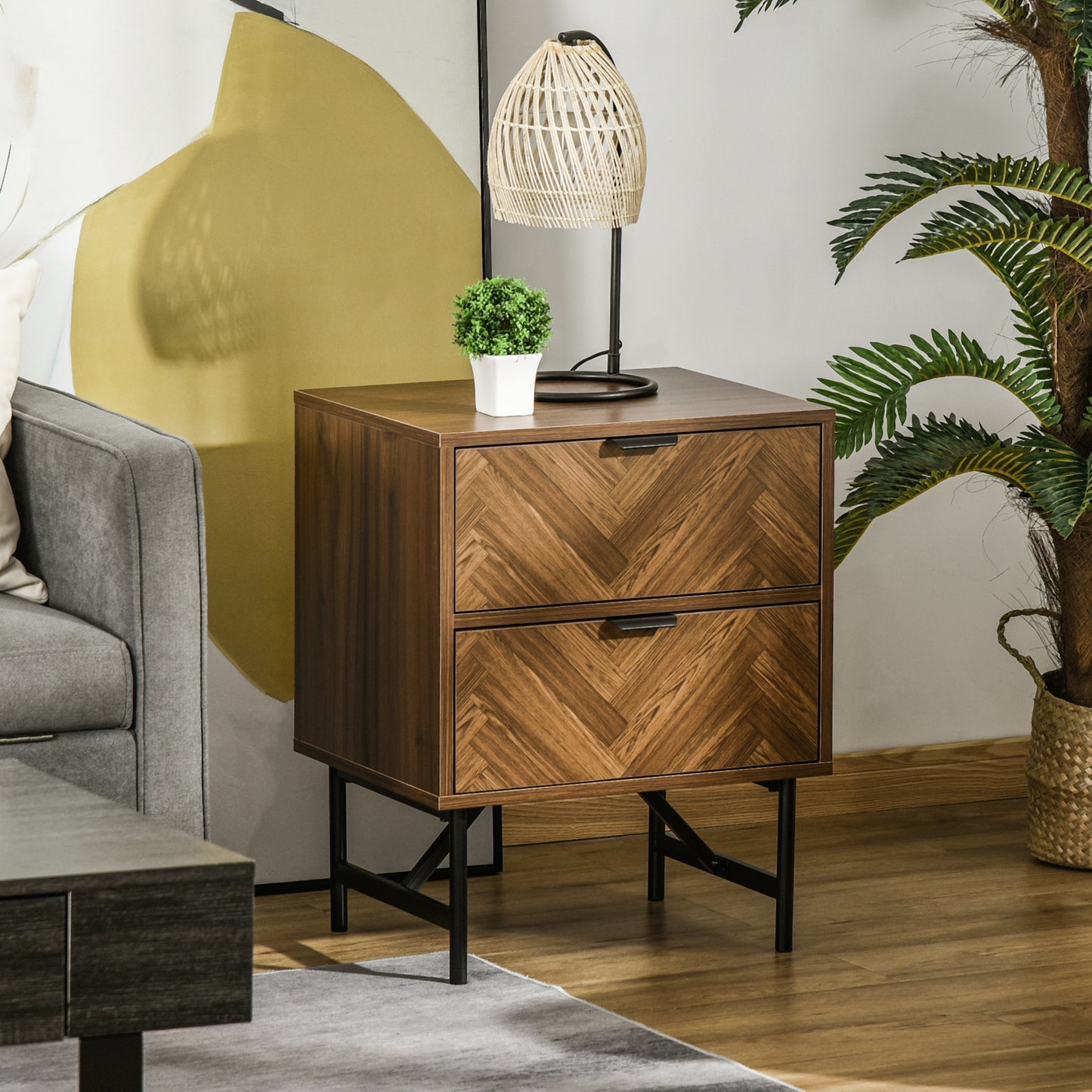 HOMCOM Bedside Table Set Of 2 With 2 Drawers Herringbone Pattern And Metal Legs Walnut Brown For Bedroom And Living Room