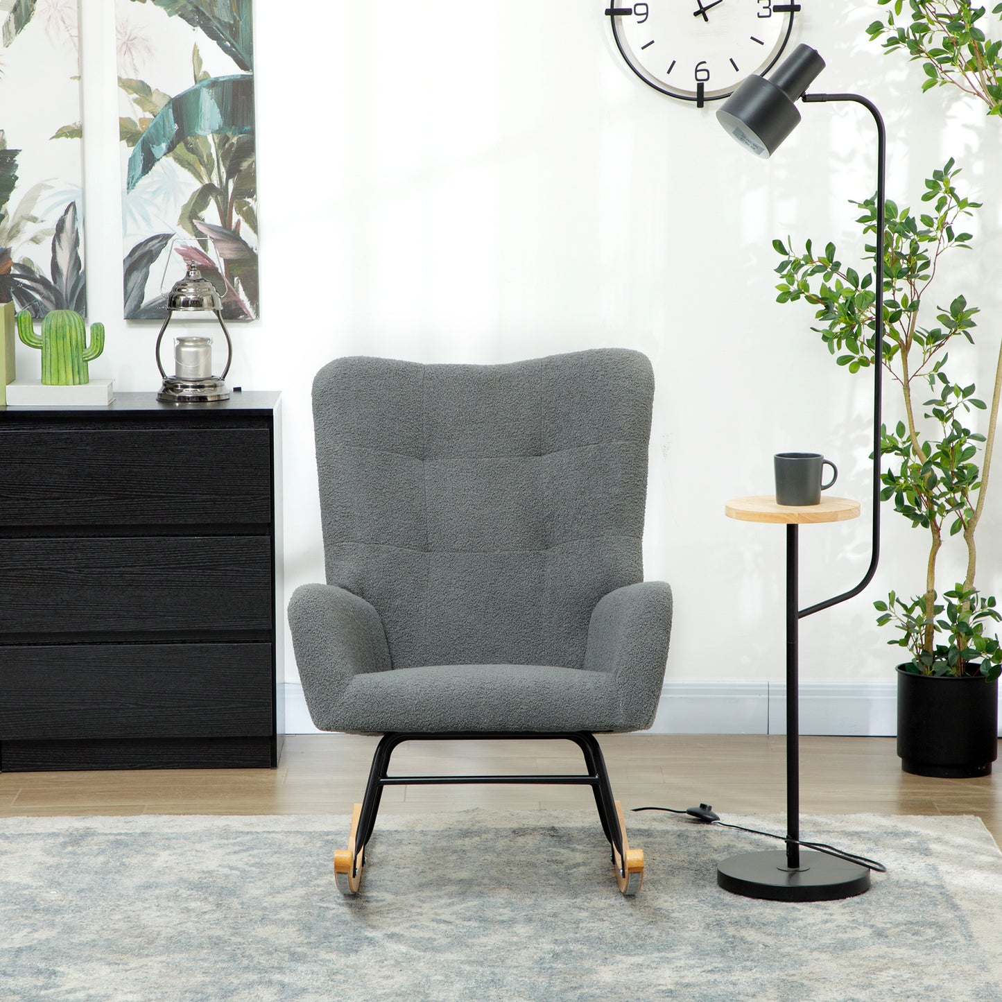 HOMCOM Teddy Fleece Rocking Chair Grey With High Density Foam Padding And Wooden Feet For Gentle 90 To 115 Degree Sway