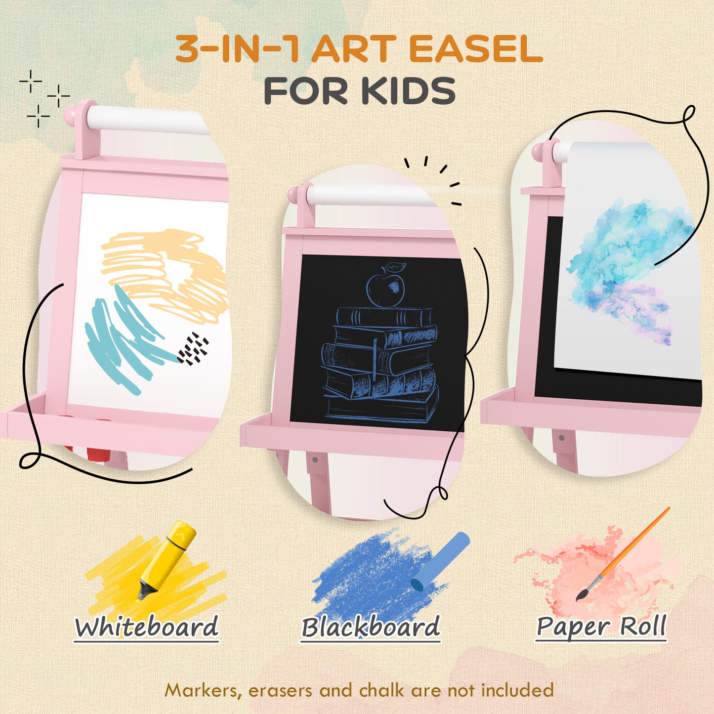 Pink 3-in-1 Kids Easel with Magnetic Whiteboard, Chalkboard, and Paper Roll - AIYAPLAY by Aosom UK - ALL4U RETAILER LTD