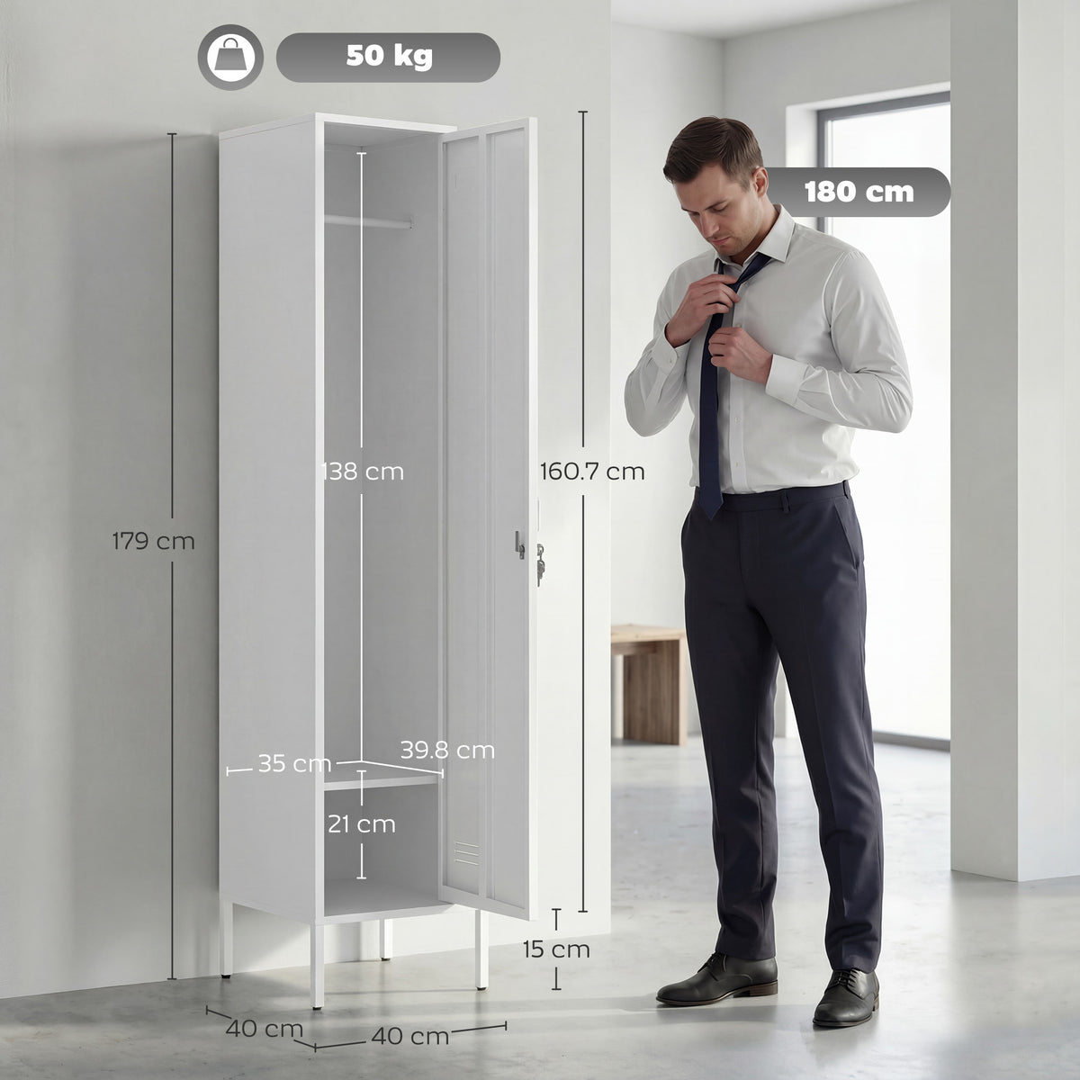 White metal locker cabinet with locking doors, hanging interior, and sturdy legs.