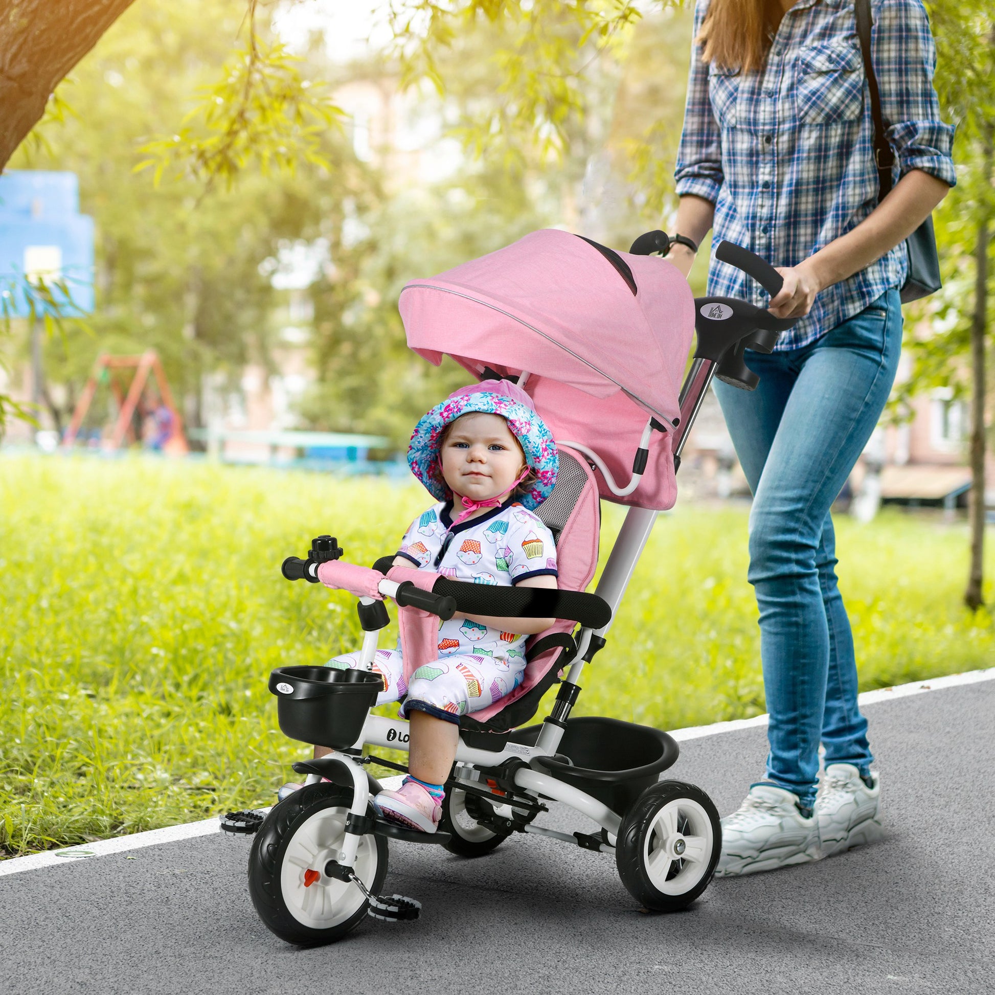 HOMCOM 4-in-1 Metal Frame Baby Push Tricycle with Parent Handle for Ages 1-5, Pink - ALL4U RETAILER LTD