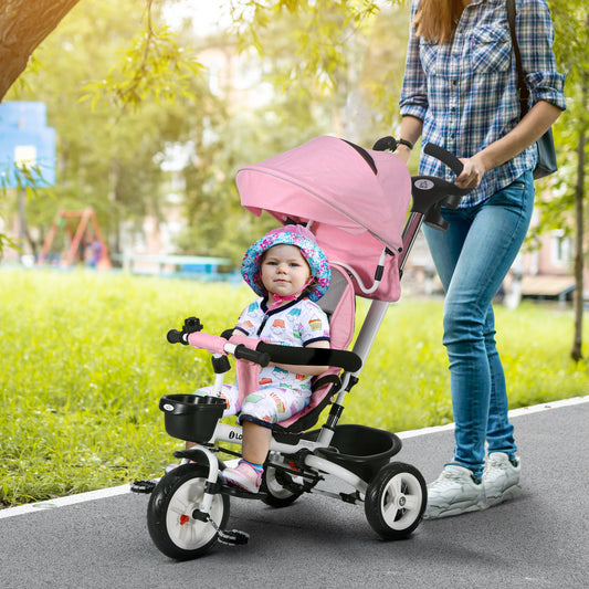 HOMCOM 4-in-1 Metal Frame Baby Push Tricycle with Parent Handle for Ages 1-5, Pink - ALL4U RETAILER LTD