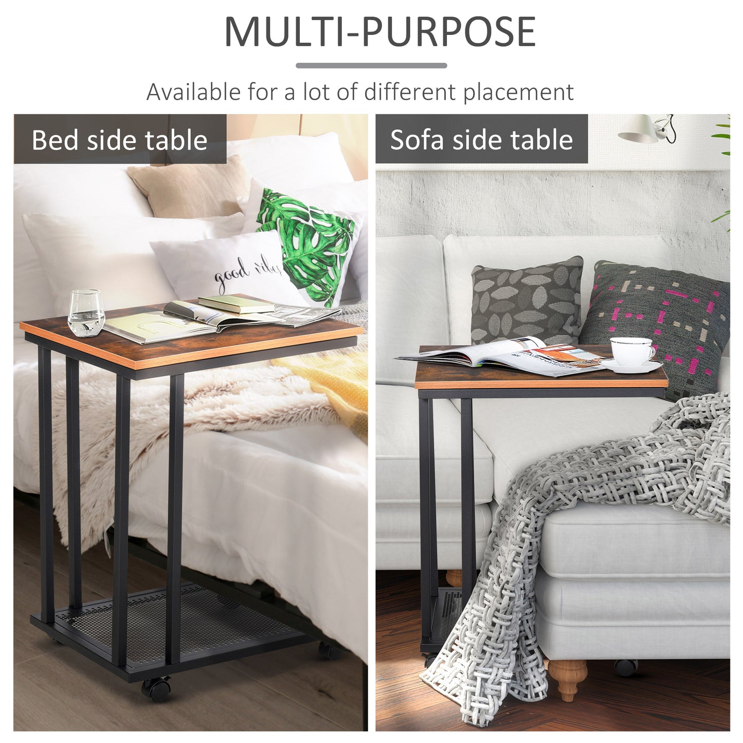 HOMCOM C Shaped Side Table Set of 2 with Wheels Mobile End Table Laptop Stand Metal Frame and Storage Shelf Rustic Brown