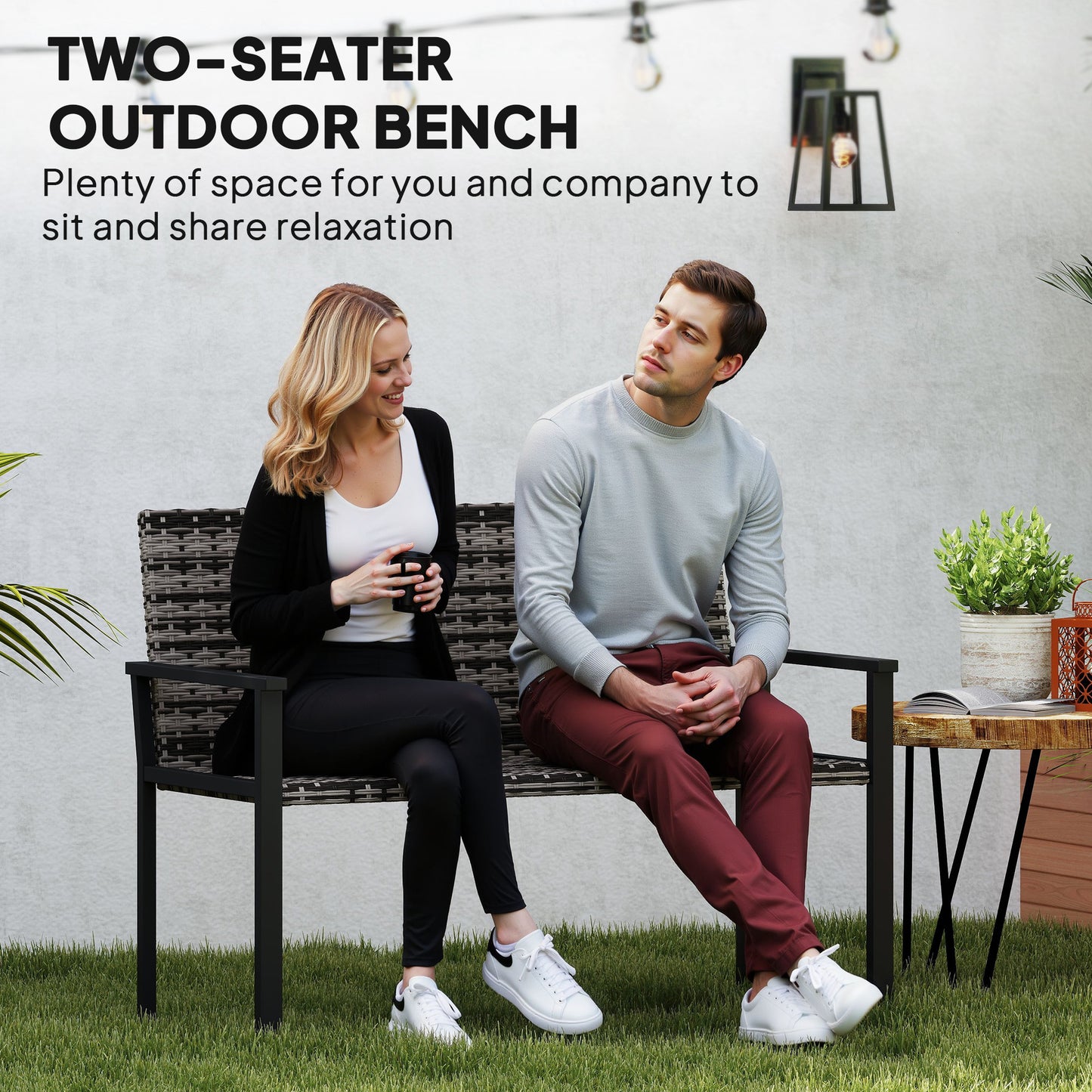 Outsunny Two Seater Rattan Garden Bench Mixed Grey Weather Resistant Steel Frame With Quick Dry Padding