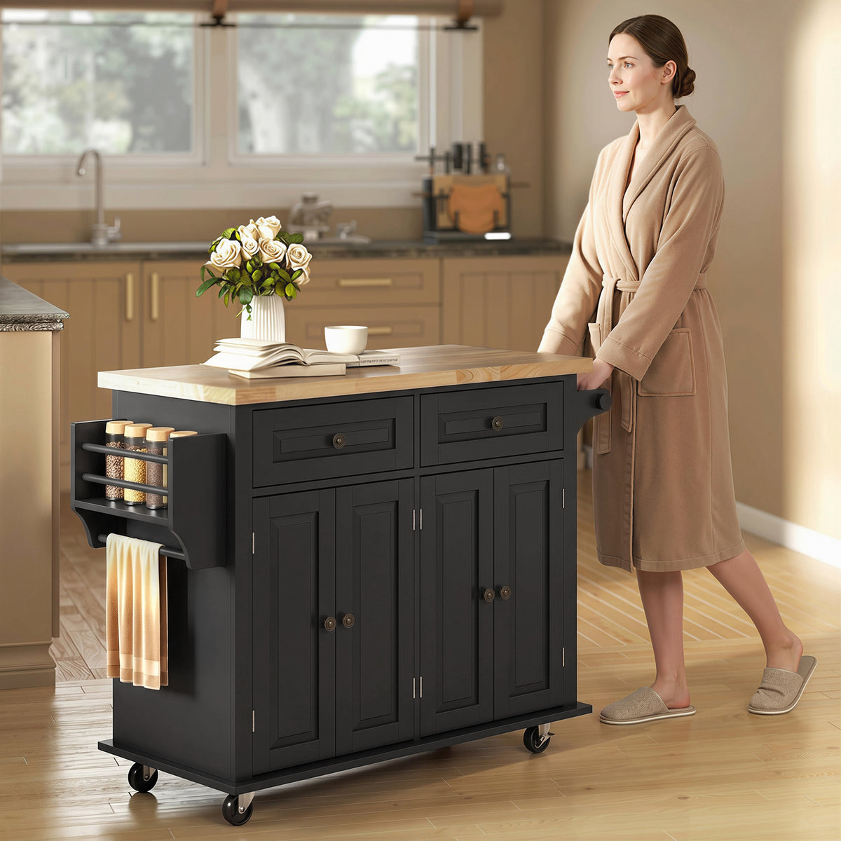 Black rolling kitchen island cart with rubberwood top, drawers, and open side shelf storage